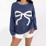 Blue Bow Graphic Round Neck Long Sleeve Sweater | Sweaters Daverri Fashions