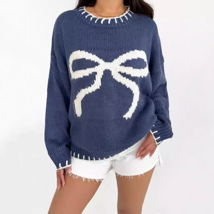Blue Bow Graphic Round Neck Long Sleeve Sweater | Sweaters Daverri Fashions