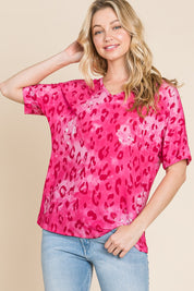 Fuchsia BOMBOM Leopard V-Neck Short Sleeve T-Shirt | Daverri Fashions