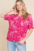 BOMBOM Leopard V-Neck Short Sleeve T-Shirt Fuchsia