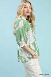 Umgee Peony Illustration Print Flounce Sleeve Blouse | Blouses Daverri Fashions