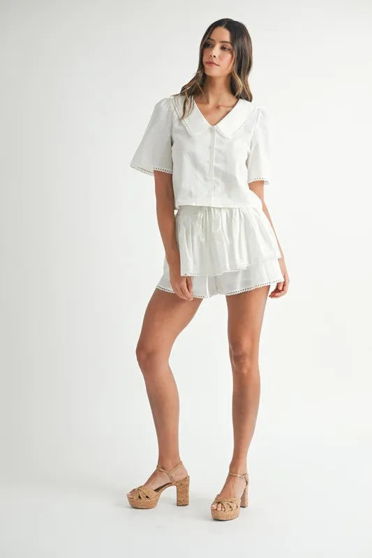 MABLE Collared Button Down Crop Top and Skort Set Outfit Sets