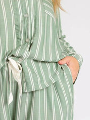 Striped Collared Neck Long Sleeve Top and Shorts Lounge Set | Loungewear Sets Daverri Fashions