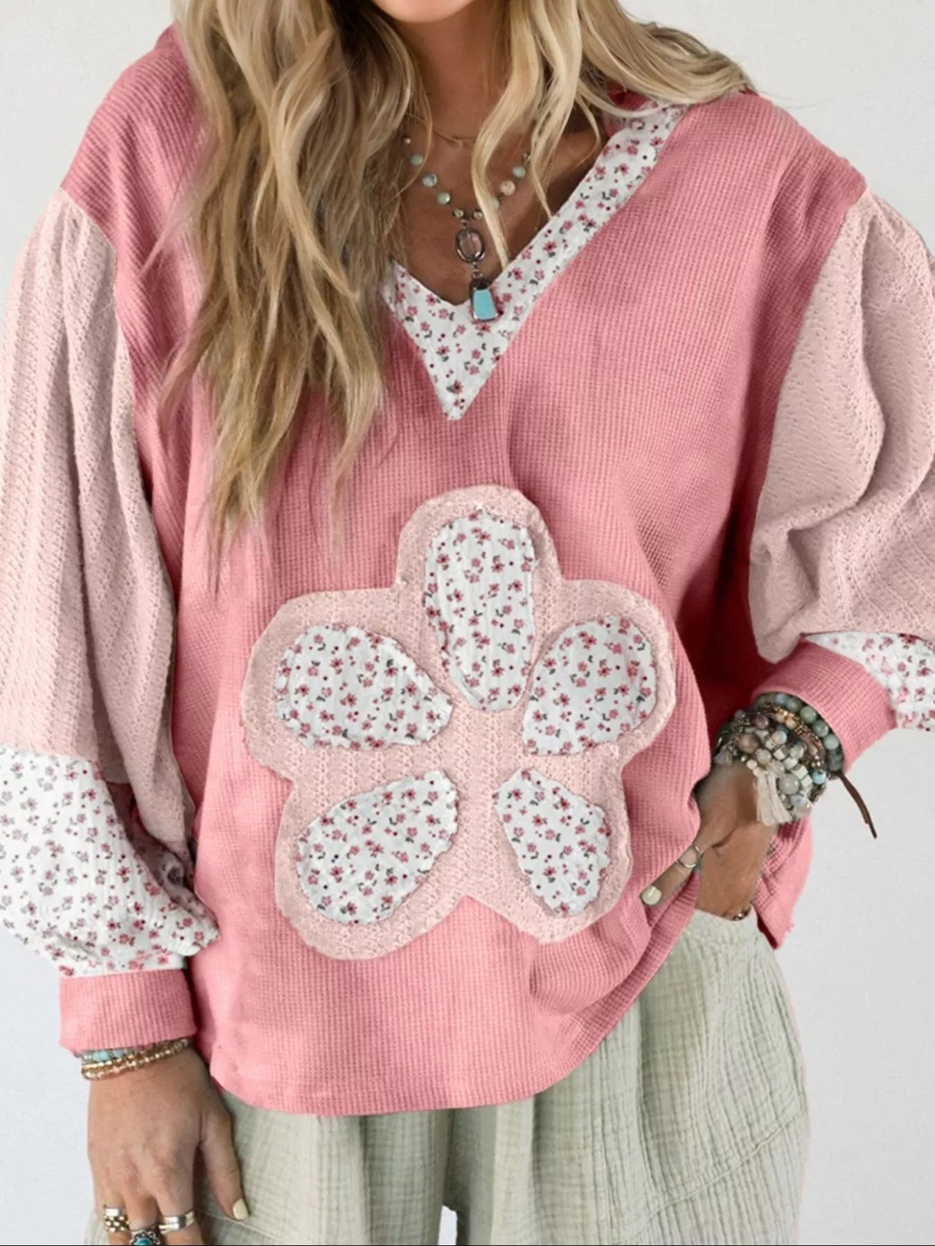 Floral Patch V-Neck Sweatshirt | Sweatshirts Daverri Fashions