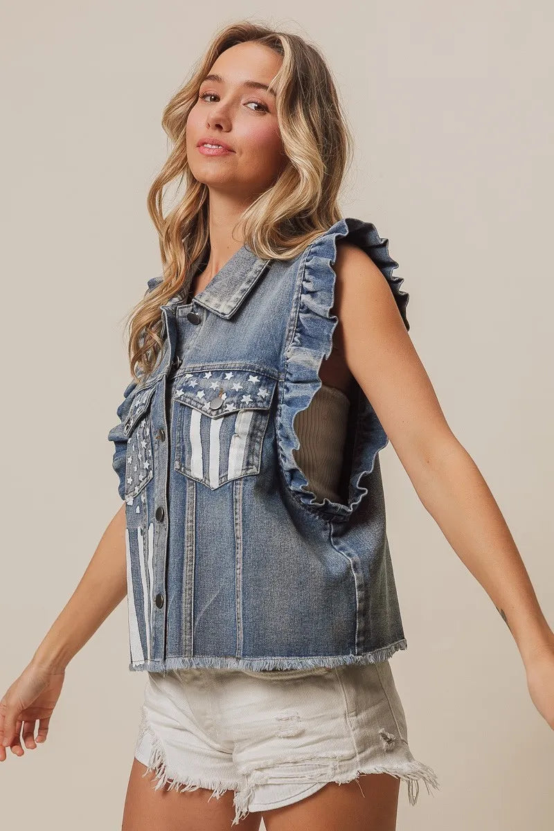 BiBi American Flag Washed Denim Jacket Jackets