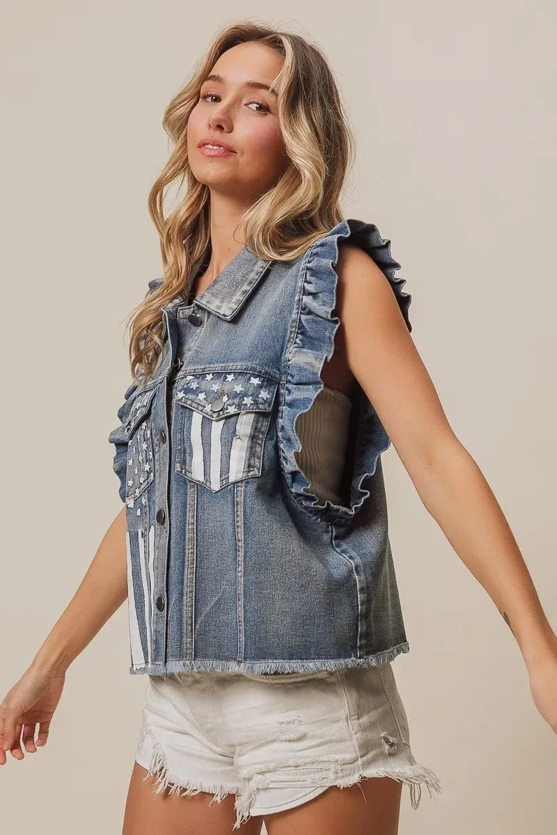 BiBi American Flag Washed Denim Jacket - DAVERRI FASHIONS