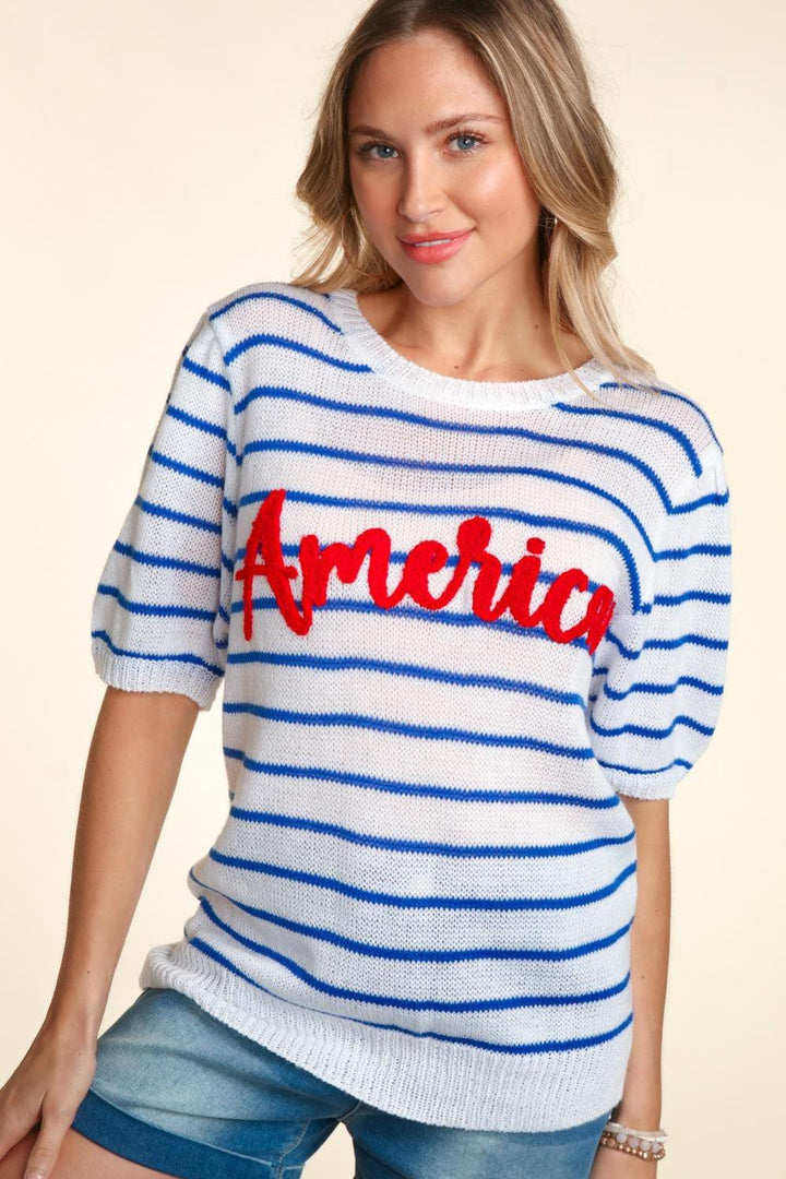 Haptics Letter Embroidery Striped Knit Top Ivory Blue Red Sweaters