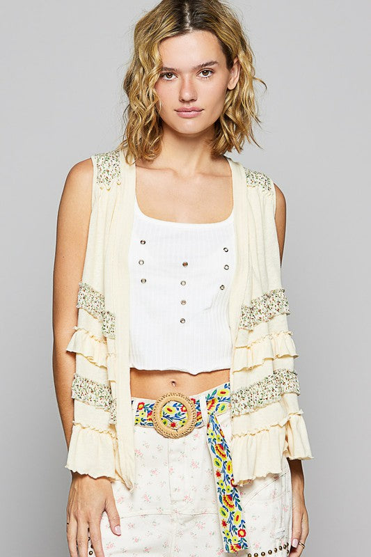 POL Ruffled Open Front Sleeveless Cardigan CREAM MULTICOLOR Cardigans