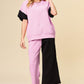 Double Take Full Size Texture Contrast T-Shirt and Wide Leg Pants Set Pink Outfit Sets