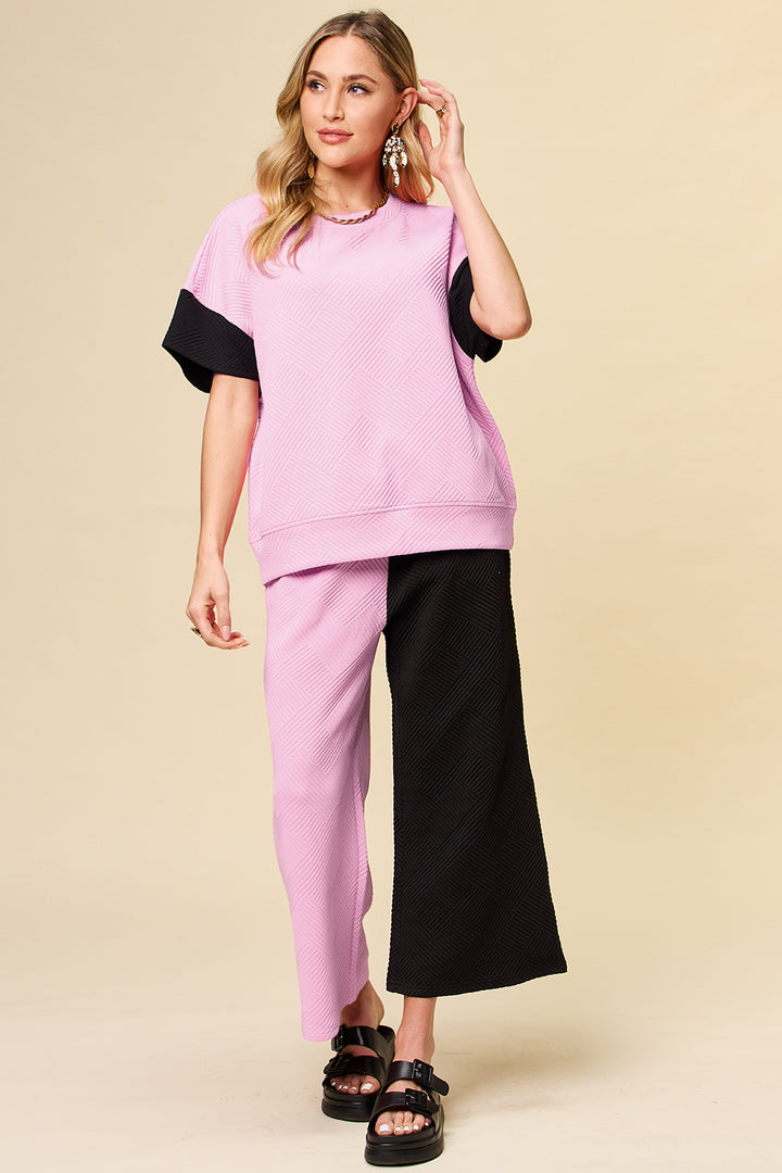 Double Take Full Size Texture Contrast T-Shirt and Wide Leg Pants Set Pink Outfit Sets