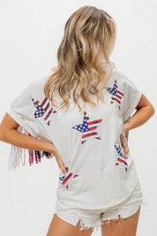 BiBi American Flag Sequin Star Fringe Top | Tops Daverri Fashions
