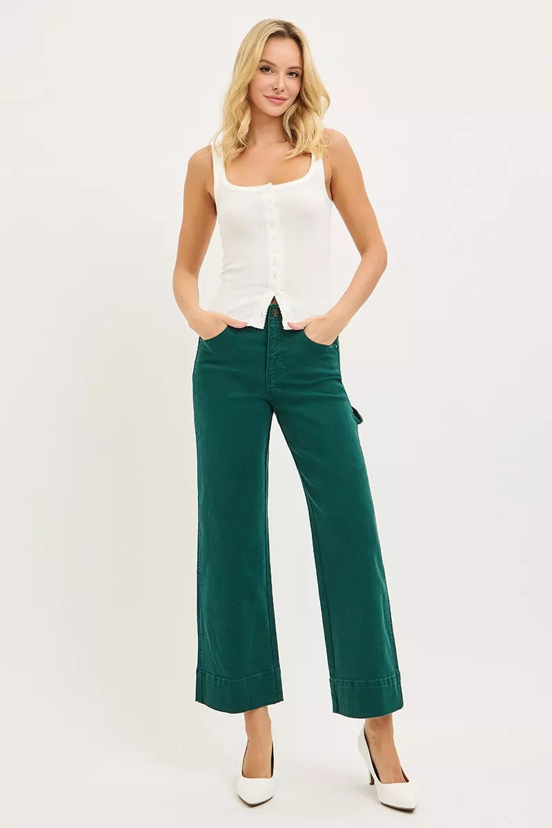 RISEN emerald green tummy control high-rise wide-leg crop pants with rolled cuffs