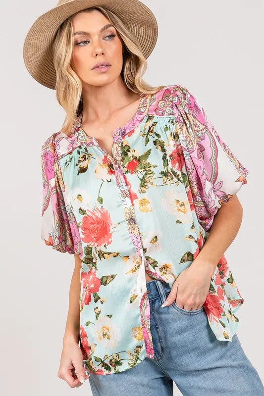 SAGE+FIG Plus Size Floral Mineral Wash French Terry Button Up Shirt | Daverri Fashions