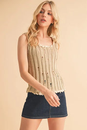 Aemi+Co Distressed Detail Round Neck Knit Tank | Daverri Fashions