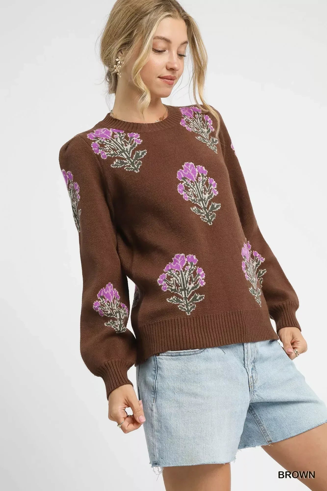 Umgee Single Flower Stem Jacquard Sweater - DAVERRI FASHIONS