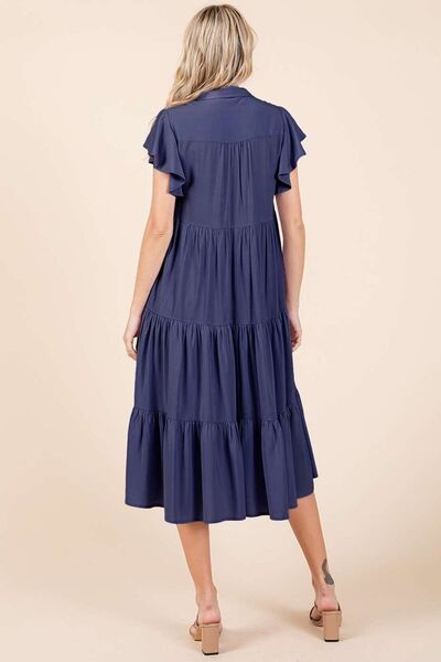 Mittoshop Ruffle Sleeve Collared V Neck Tiered Midi Dress