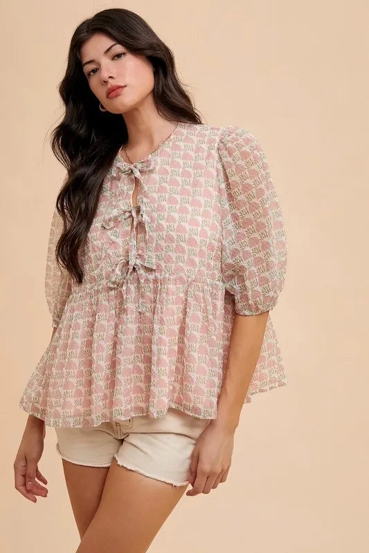 Annie Wear Printed Front Tie Closure Babydoll Blouse