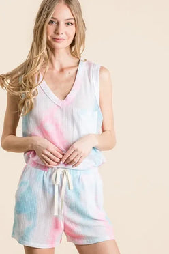 BiBi Tie Dye Textured Knit Top and Shorts Set - DAVERRI FASHIONS