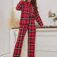 Plaid Collared Neck Long Sleeve Top and Pants Lounge Set - DAVERRI FASHIONS
