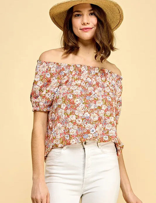 Lime 'N' Chili Floral Print Short Sleeve Off-The-Shoulder Blouse | Daverri Fashions