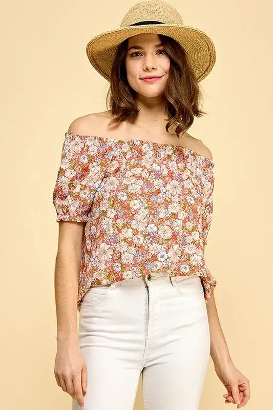 Lime 'N' Chili Floral Print Short Sleeve Off-The-Shoulder Blouse - DAVERRI FASHIONS