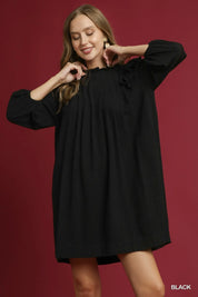 Black Umgee Linen Ruffle Shoulder Pleated Babydoll Dress | Daverri Fashions