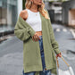 Olive green long sleeve waffle-knit cardigan with open shoulder design