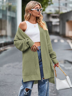 Olive green long sleeve waffle-knit cardigan with open shoulder design