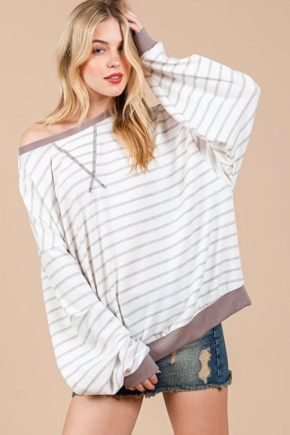 Ces Femme Striped Round Neck Drop Shoulder Sweatshirt - DAVERRI FASHIONS