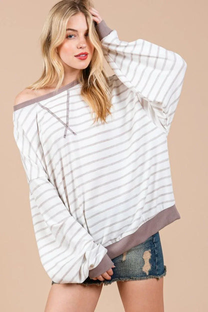 Ces Femme Striped Round Neck Drop Shoulder Sweatshirt - DAVERRI FASHIONS