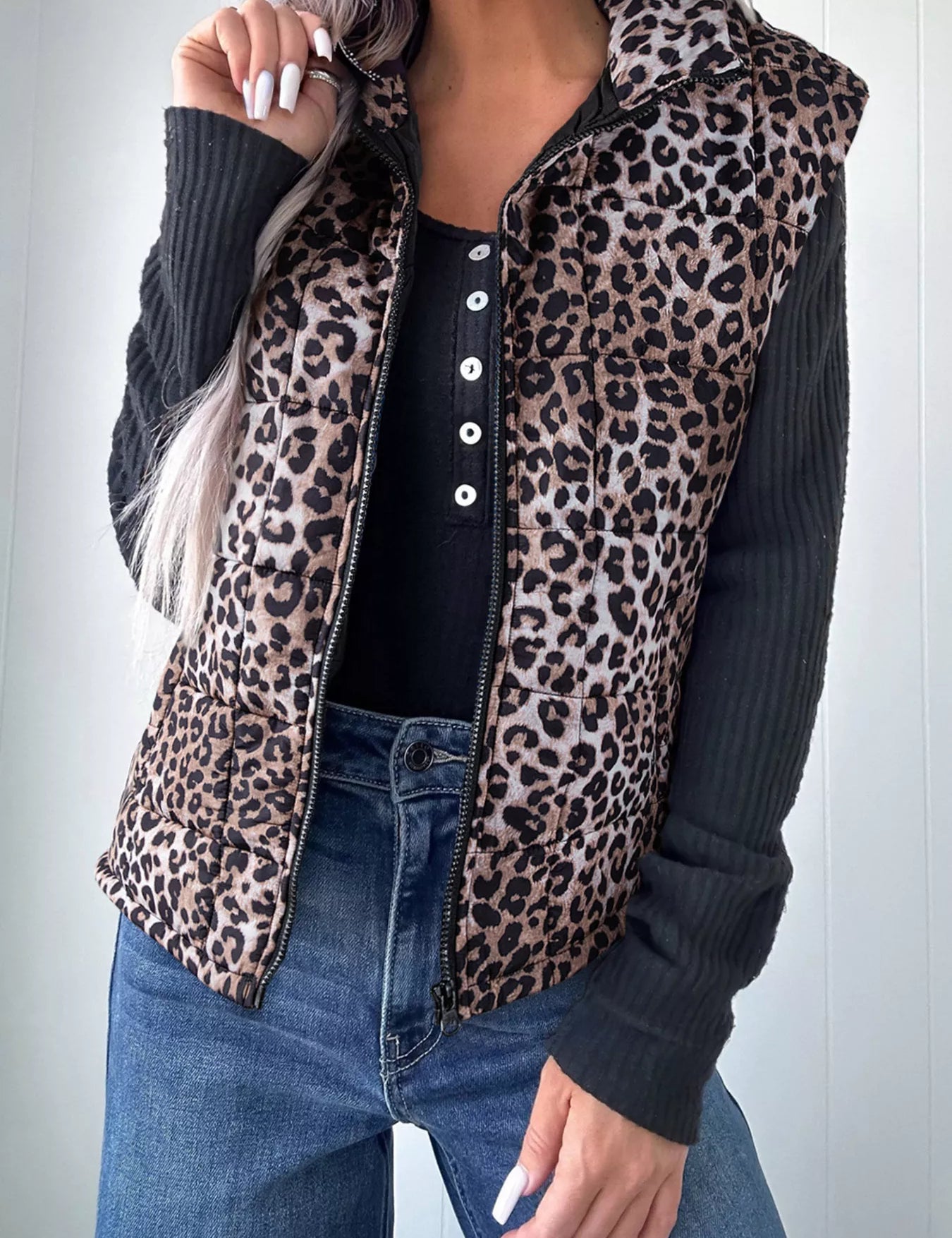 Leopard Leopard Quilted Full Zipper Casual Puff Vest | Vest Jackets Daverri Fashions