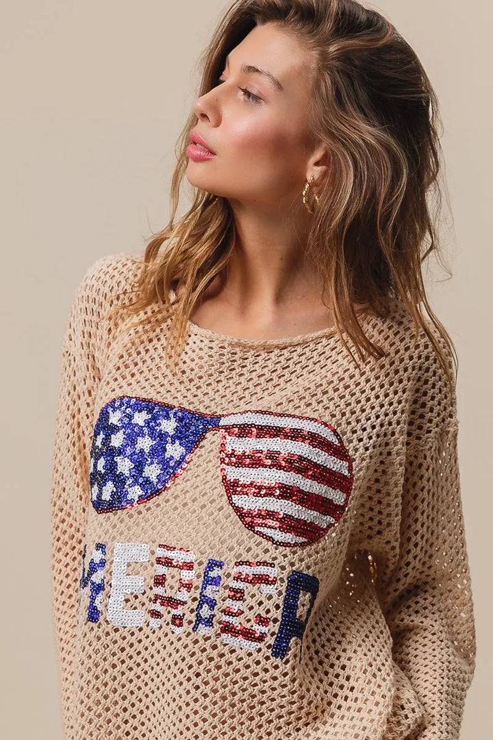 BiBi Sequin American Flag Sunglasses Knit Top Tops