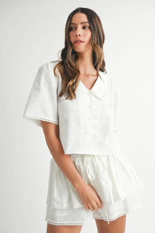 MABLE Collared Button Down Crop Top and Skort Set Off White Outfit Sets