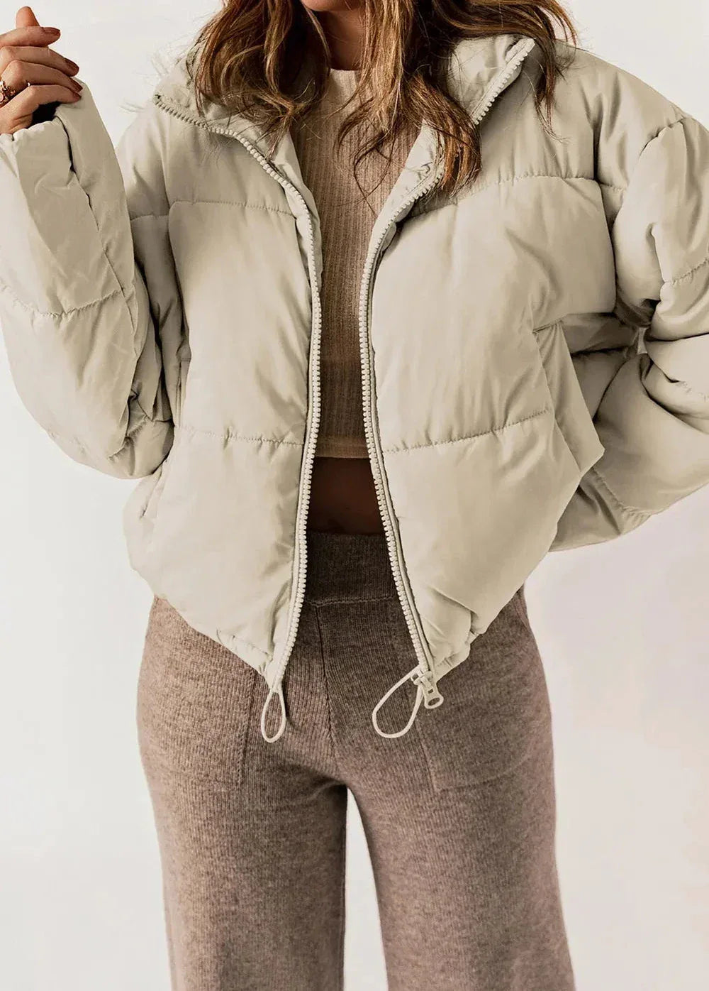 Zip Up Collared Neck Long Sleeve Winter Coat - DAVERRI FASHIONS