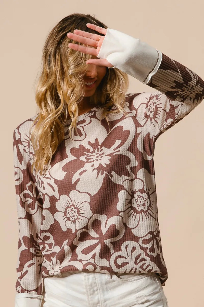 BiBi Flower Printed Waffle Thumb Opening Top Tops