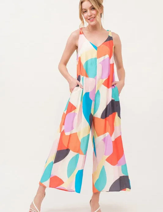 And The Why Tied Shoulder Straps Wide-Leg Geo Print Jumpsuit | Jumpsuits Daverri Fashions