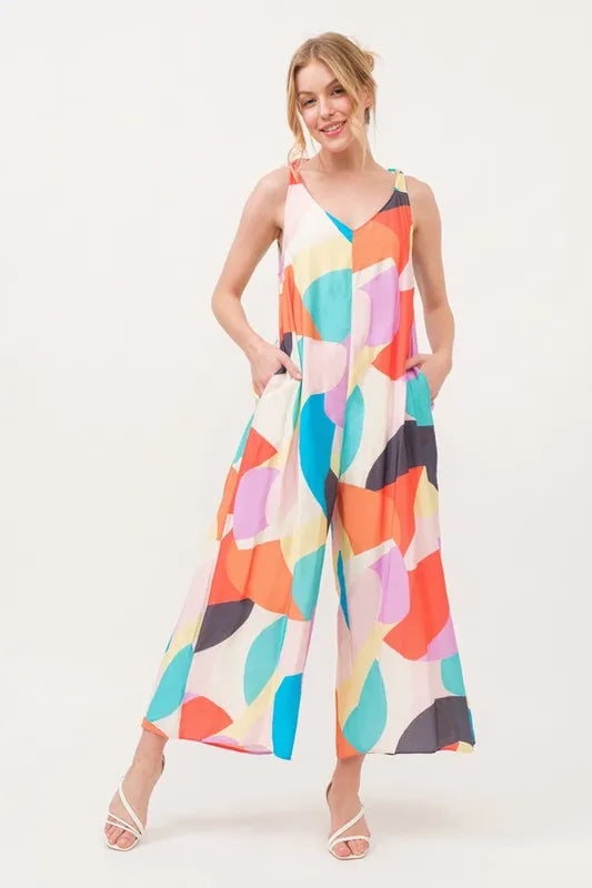 And The Why Tied Shoulder Straps Wide-Leg Geo Print Jumpsuit Jumpsuits