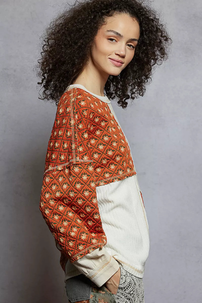 POL Contrast Patchwork Round Neck Long Sleeve Top | Tops Daverri Fashions