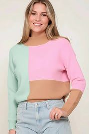 Pastel colorblock crop top sweater with mock neck and ribbed trim