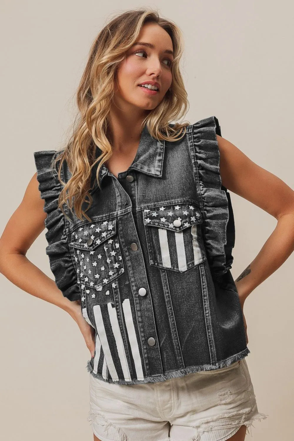 BiBi American Flag Washed Denim Jacket BLACK CHARCOAL Denim Jackets