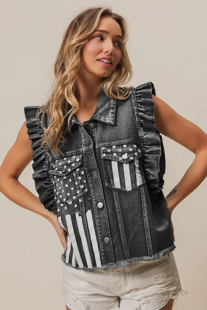 BiBi American Flag Washed Denim Jacket BLACK CHARCOAL Denim Jackets