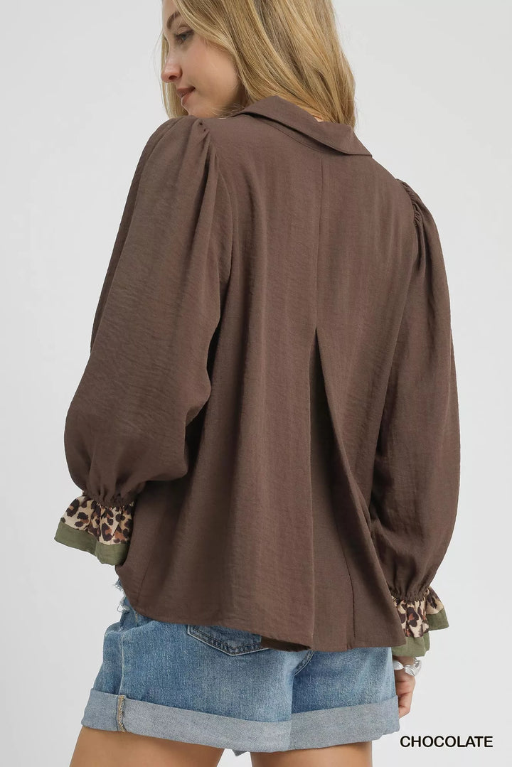 Umgee Half Button Blouse with Leopard Print Trim | Daverri Fashions