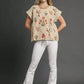 Umgee beige embroidered floral top with ruffled scallop sleeves and drawstring hem