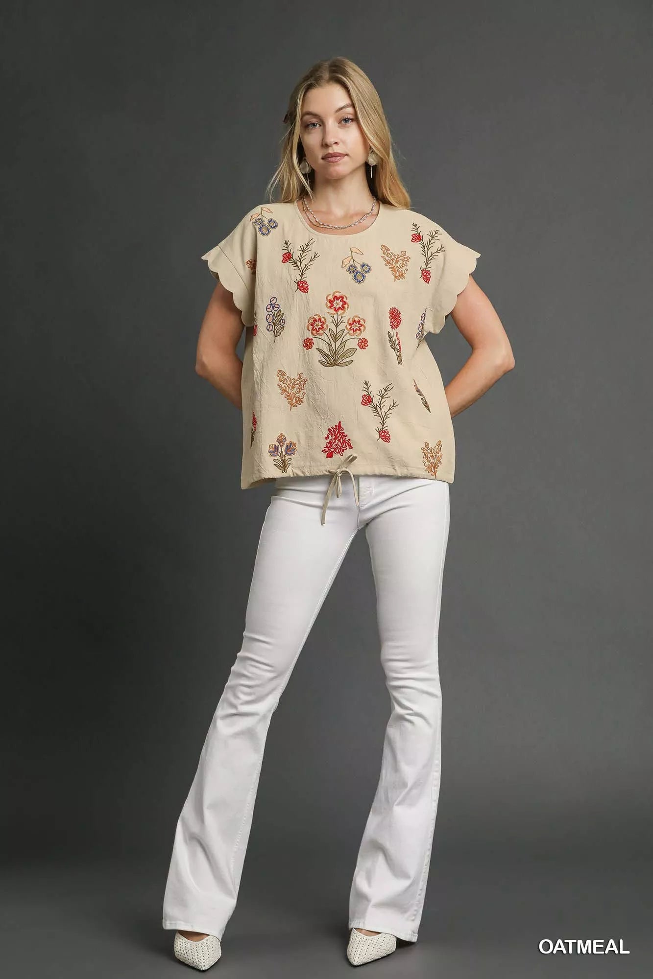 Umgee beige embroidered floral top with ruffled scallop sleeves and drawstring hem