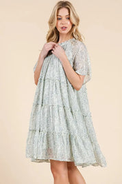 Lime 'N' Chili Ditsy Floral Print Sheer Ruffle Detail Mini Dress | Daverri Fashions