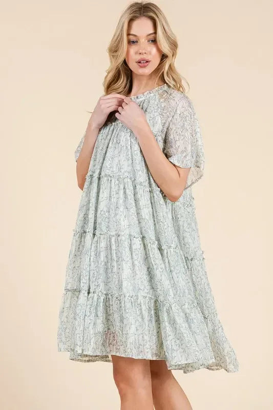 Lime 'N' Chili Ditsy Floral Print Sheer Ruffle Detail Mini Dress - DAVERRI FASHIONS