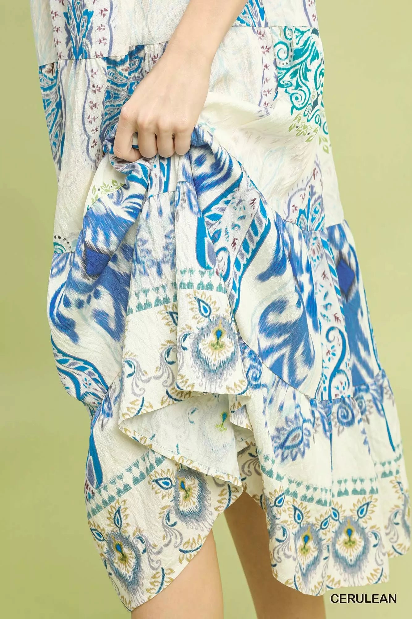 Umgee Boho Border Print Ruffle Midi Dress with asymmetrical paisley skirt