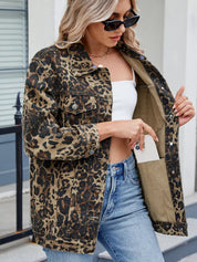 Leopard Button Up Long Sleeve Denim Jacket | Denim Jackets Daverri Fashions