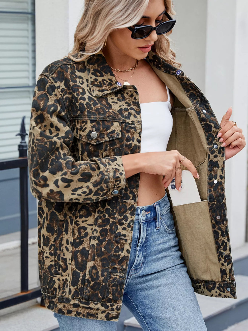 Leopard Button Up Long Sleeve Denim Jacket | Denim Jackets Daverri Fashions