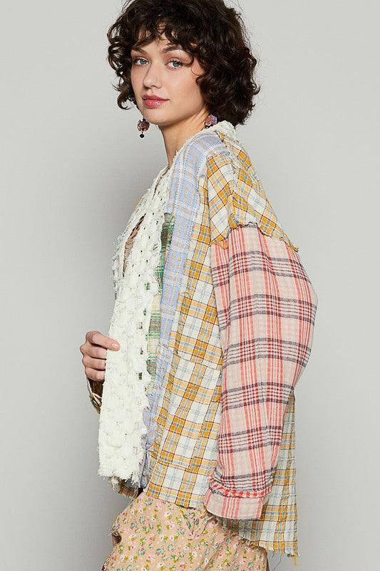 POL Raw Edge Plaid Open Front Cardigan Cardigans